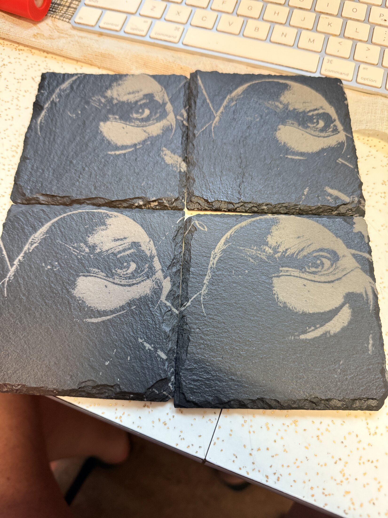 Laser engraved slate coasters made by Stormy Sailors