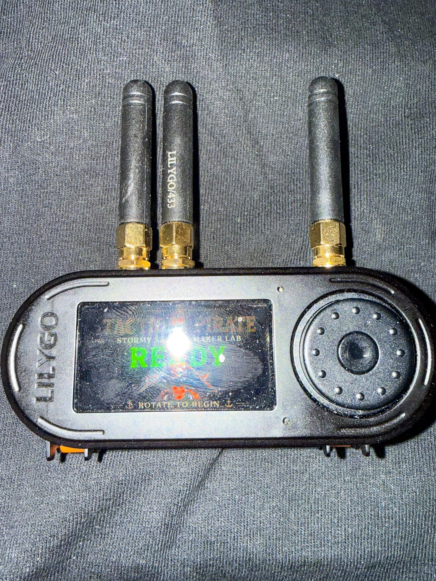 Tactical Pirate handheld showing the Stormy Sailors Maker Lab startup screen.