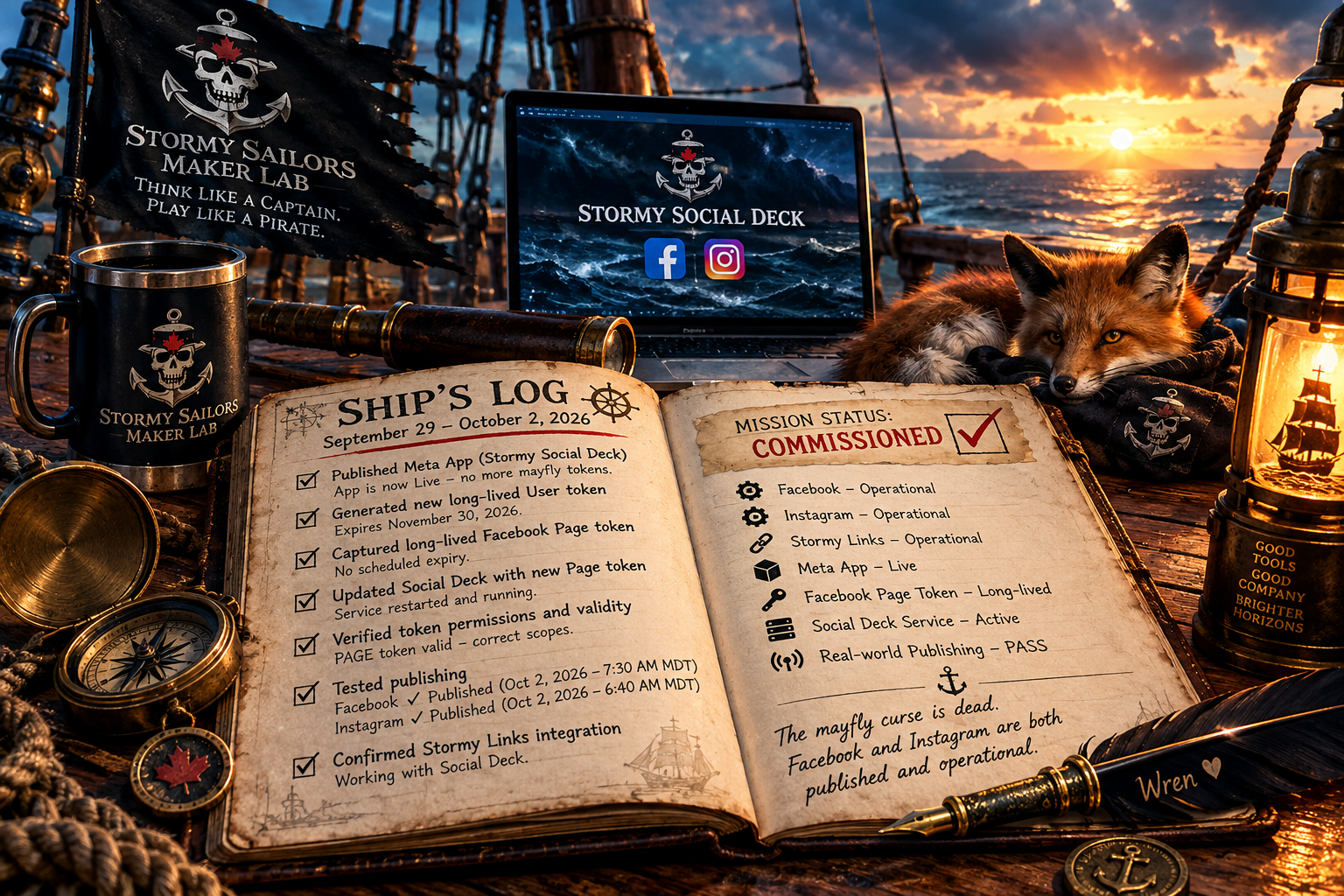 Stormy Sailors Ship’s Log illustration showing a nautical desk, Social Deck, Ember the fox, and the commissioned Facebook and Instagram publishing system.